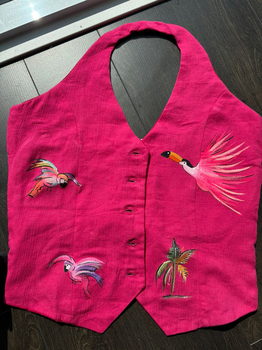 “Banana Grove Tropical Flight” Hand-Painted Halter Vest