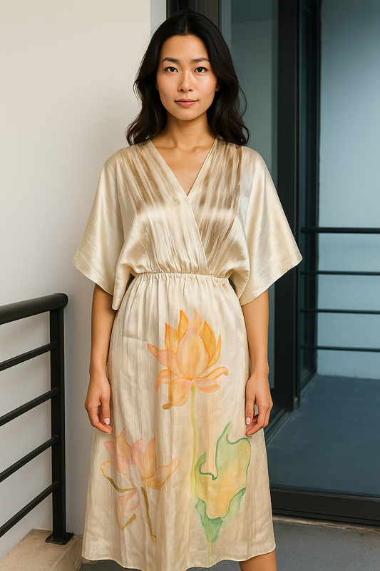 "Lotus Bloom" Hand-Painted Silk Wrap Dress