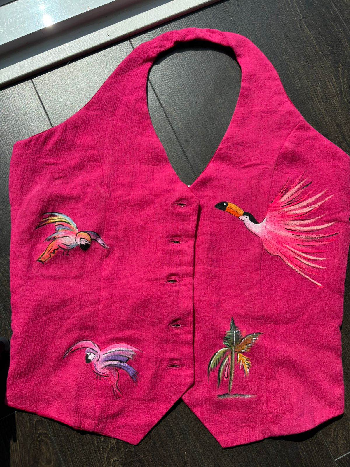 “Banana Grove Tropical Flight” Hand-Painted Halter Vest