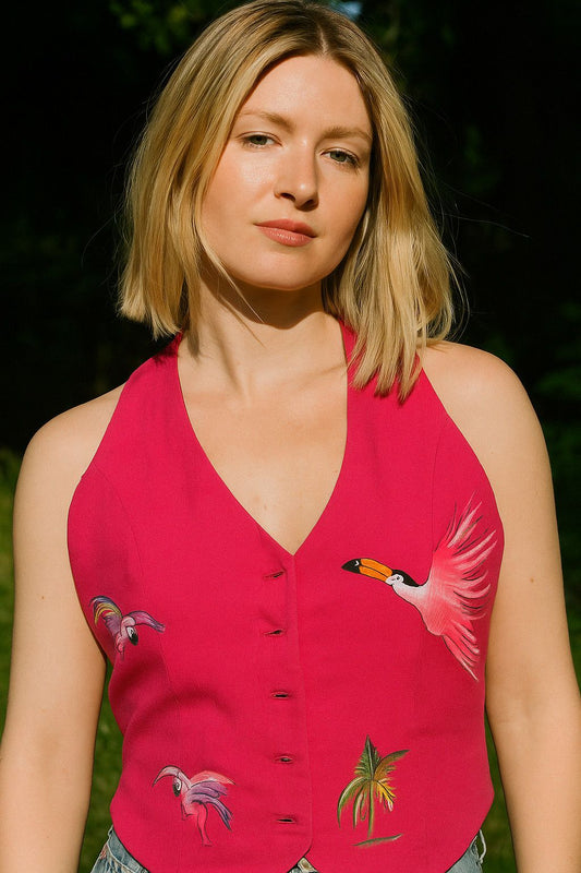 “Banana Grove Tropical Flight” Hand-Painted Halter Vest